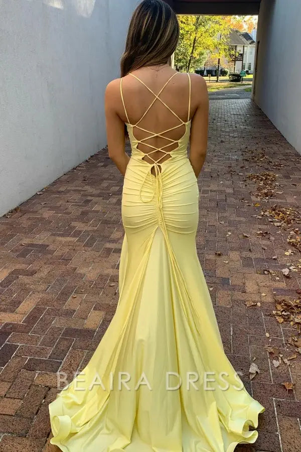 Beaira Simple & Casual Mermaid V Neck Straps Sleeveless Criss Cross Straps Floor Length Wedding Guest Dress Prom Party Gown with Train