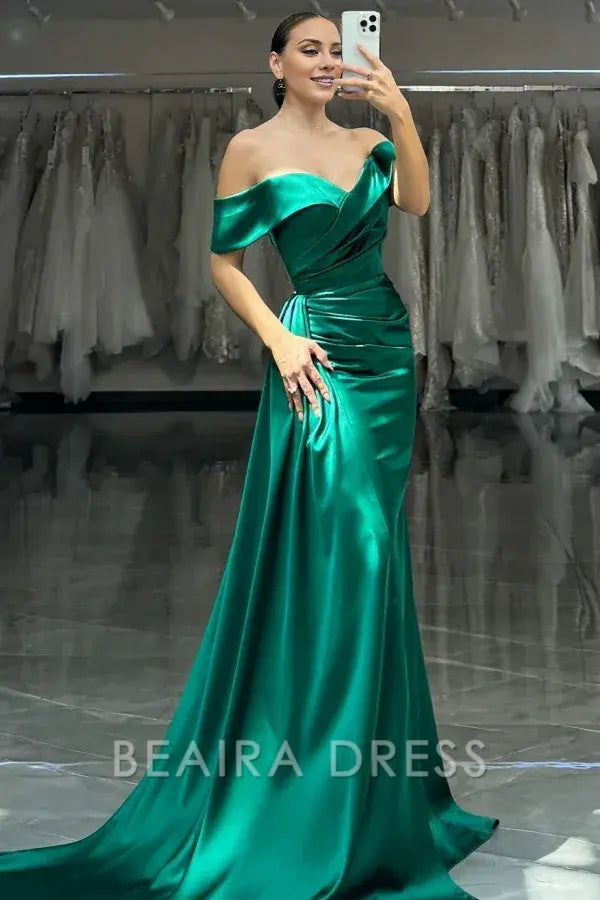 Beaira Simple & Elegant Sheath Off Shoulder Sleeveless Evening Formal Gown Dark Green Back Zipper Pleated High Side Slit and Train Prom Party Dress