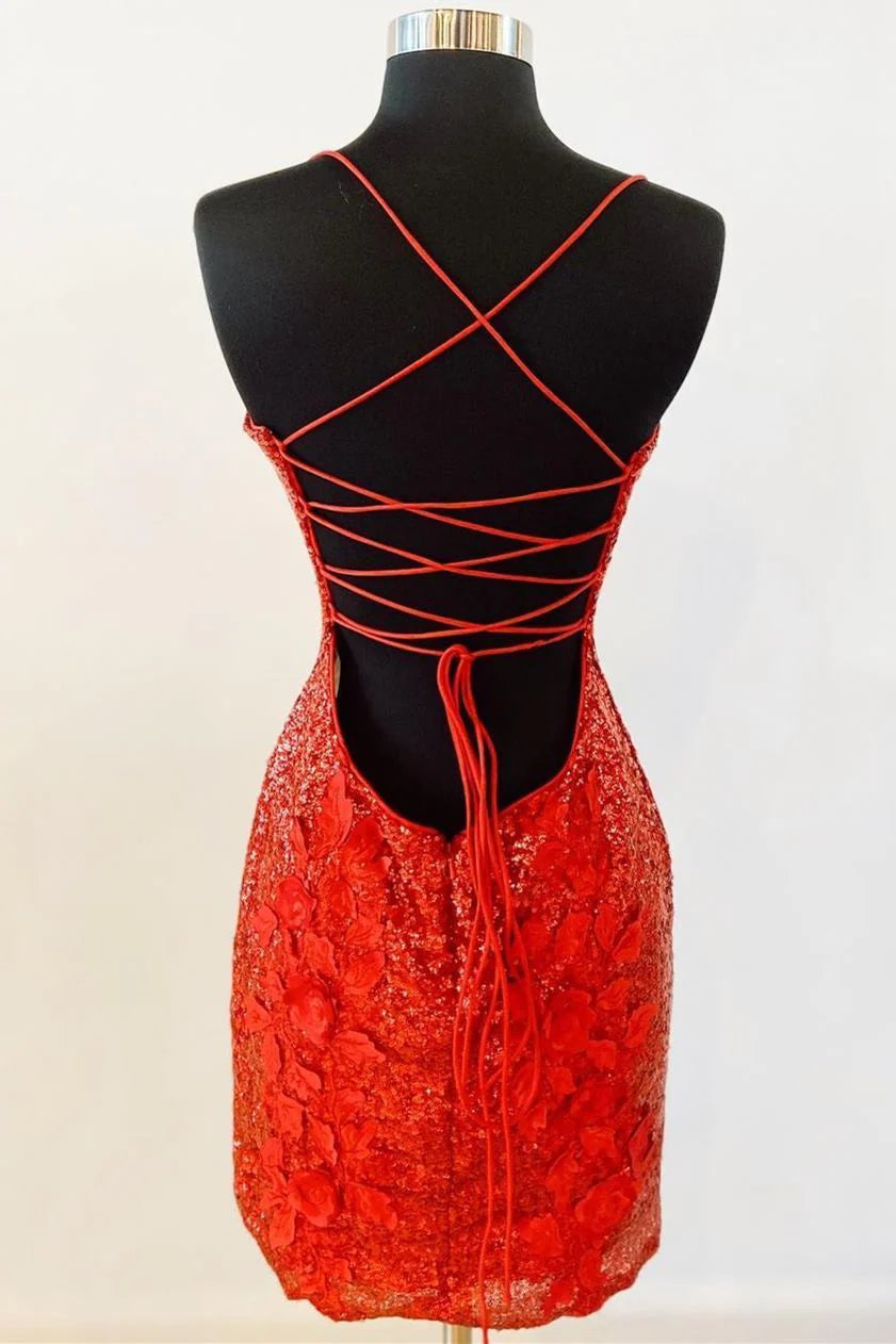 Spaghetti Straps Homecoming Dresses Sheath Sequins With Applique Flower Short/Mini