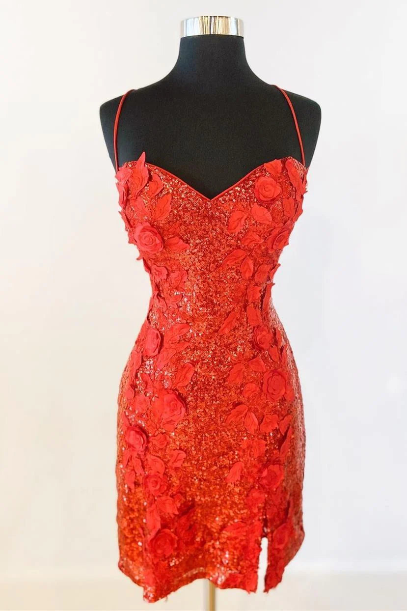 Spaghetti Straps Homecoming Dresses Sheath Sequins With Applique Flower Short/Mini