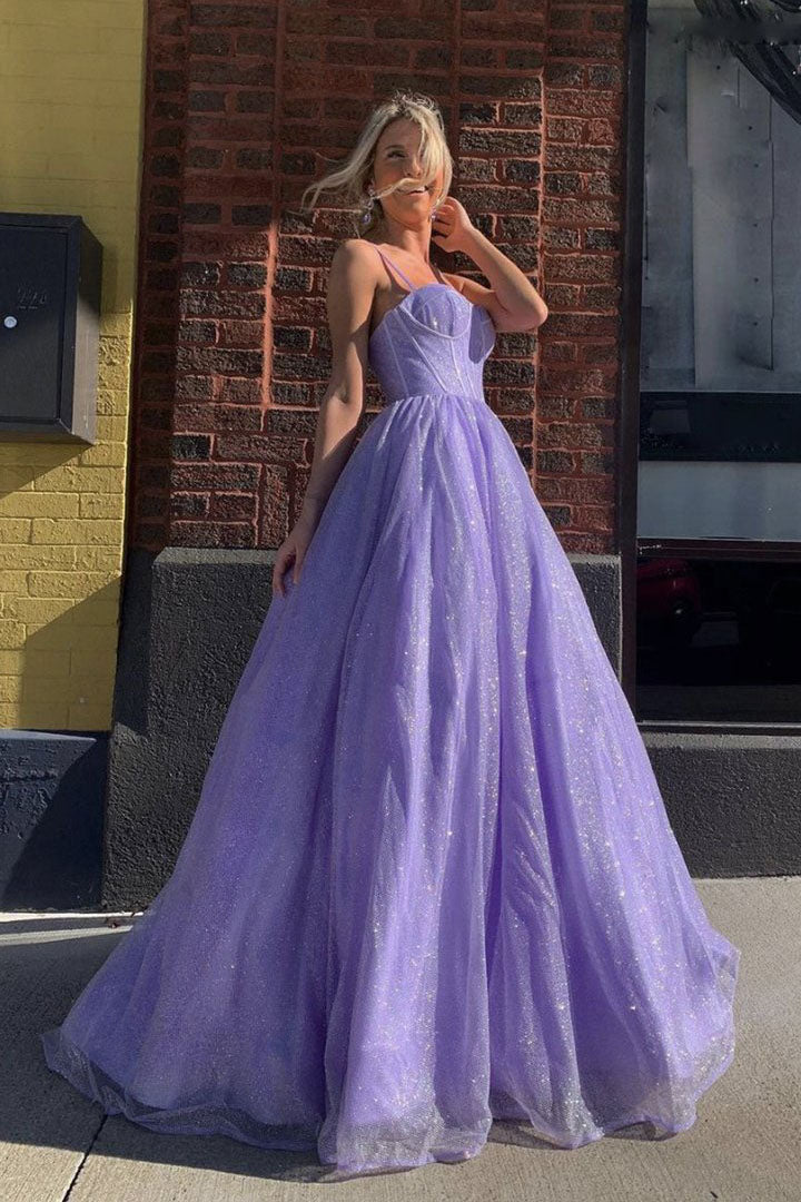 A Line Spaghetti Straps Sequin Tulle Prom Dresses Floor Length Evening Dress