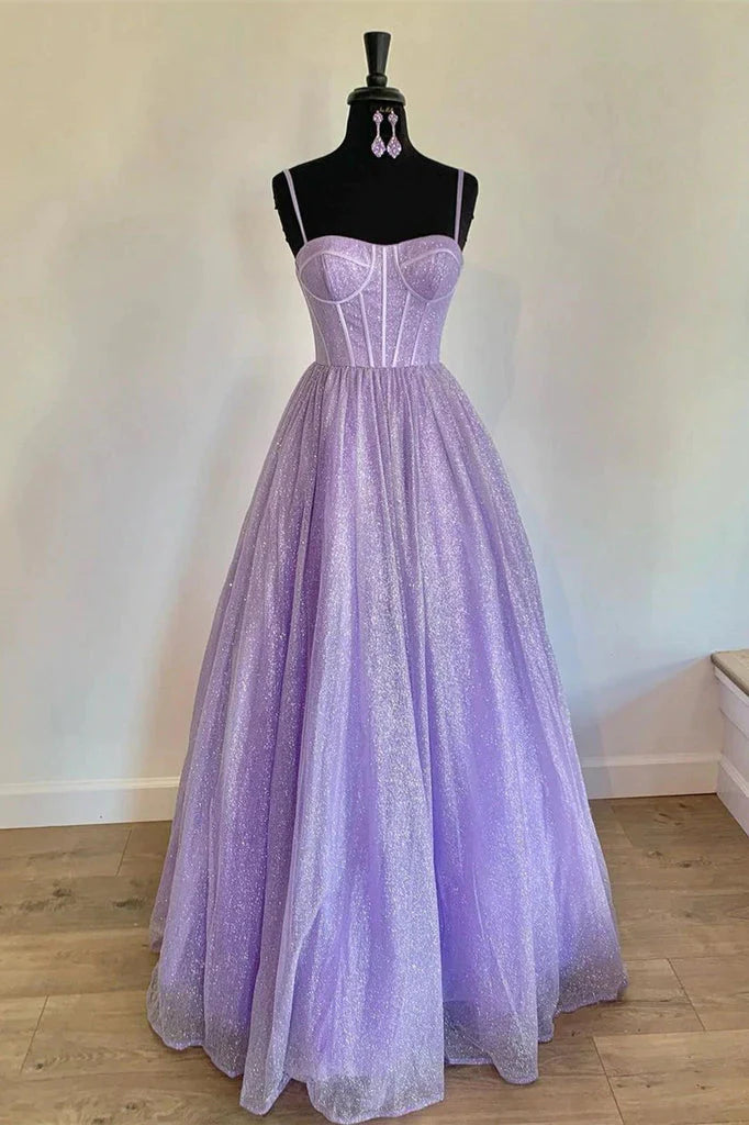 A Line Spaghetti Straps Sequin Tulle Prom Dresses Floor Length Evening Dress