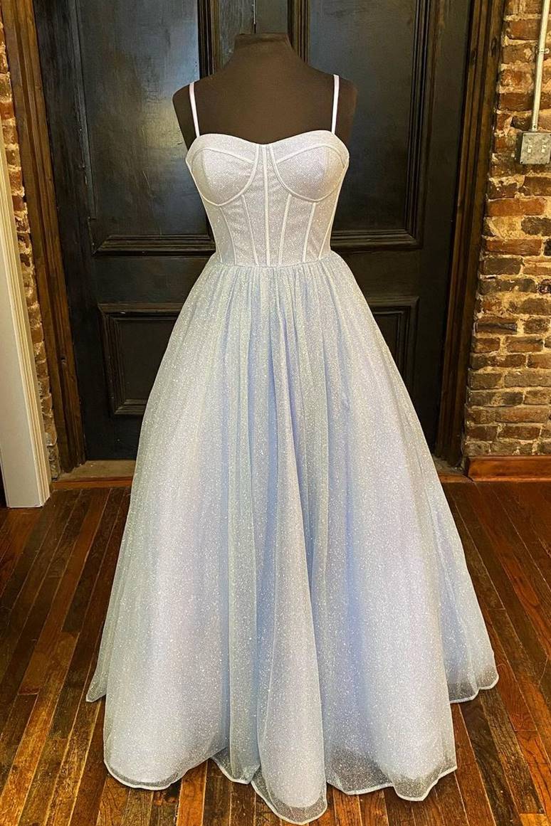 A Line Spaghetti Straps Sequin Tulle Prom Dresses Floor Length Evening Dress