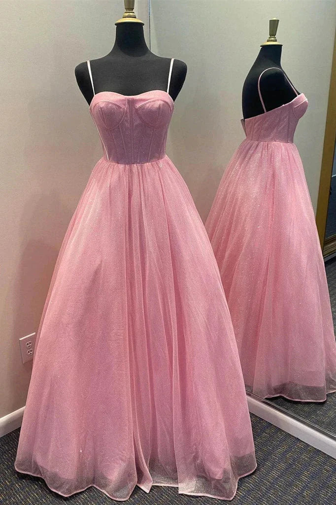 A Line Spaghetti Straps Sequin Tulle Prom Dresses Floor Length Evening Dress