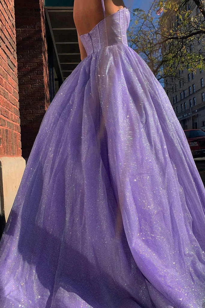 A Line Spaghetti Straps Sequin Tulle Prom Dresses Floor Length Evening Dress