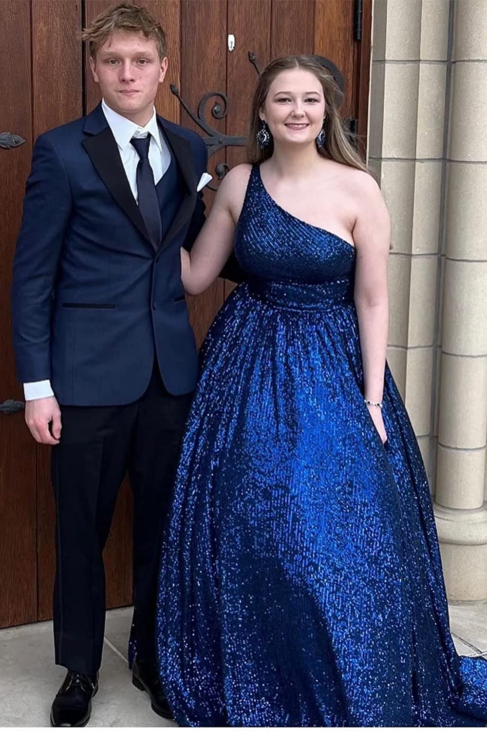 Sparkly A Line One Shoulder Sequin Long Prom Dresses with Pockets