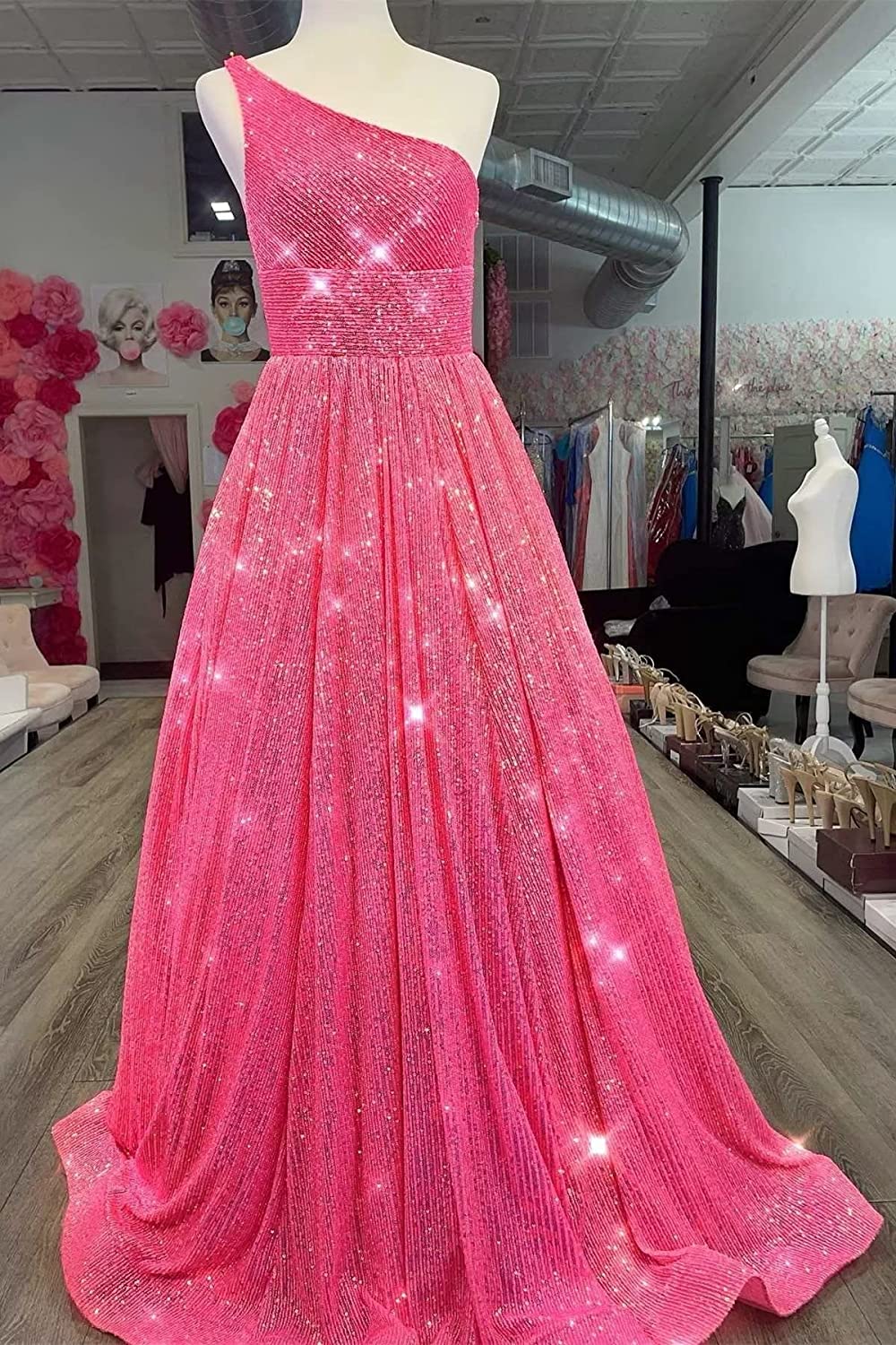 Sparkly A Line One Shoulder Sequin Long Prom Dresses with Pockets