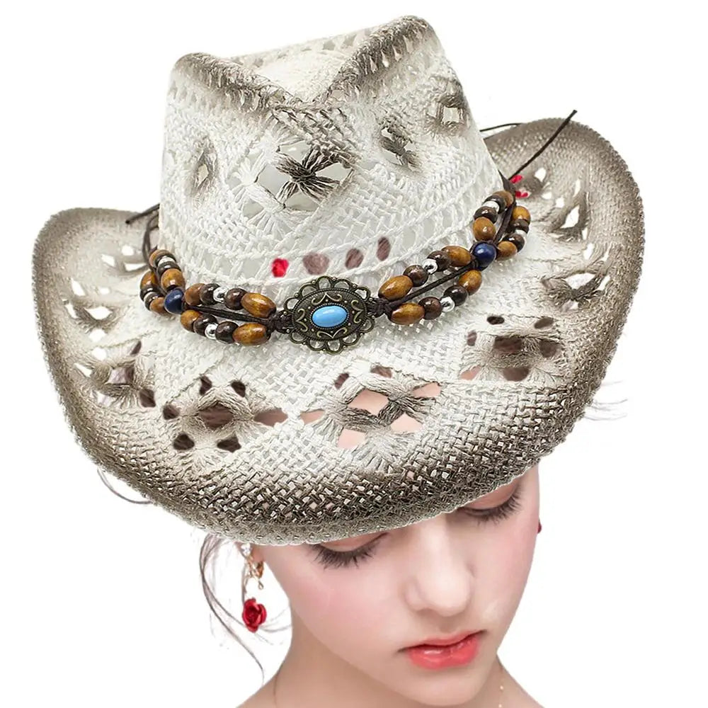 Beaira Straw Cowgirl Hat Unisex Beach Hat Cow Boy Hat With Hat Band For Men Women Breathable Lightweight Sun Protection