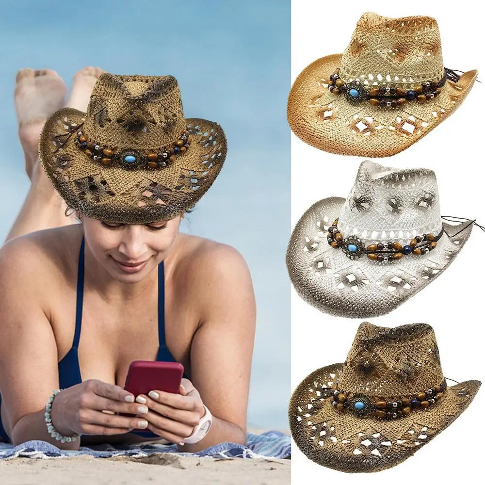 Beaira Straw Cowgirl Hat Unisex Beach Hat Cow Boy Hat With Hat Band For Men Women Breathable Lightweight Sun Protection