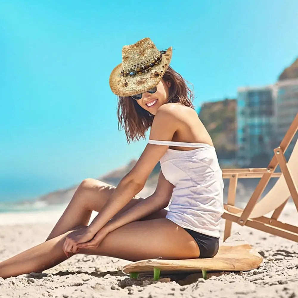 Beaira Straw Cowgirl Hat Unisex Beach Hat Cow Boy Hat With Hat Band For Men Women Breathable Lightweight Sun Protection
