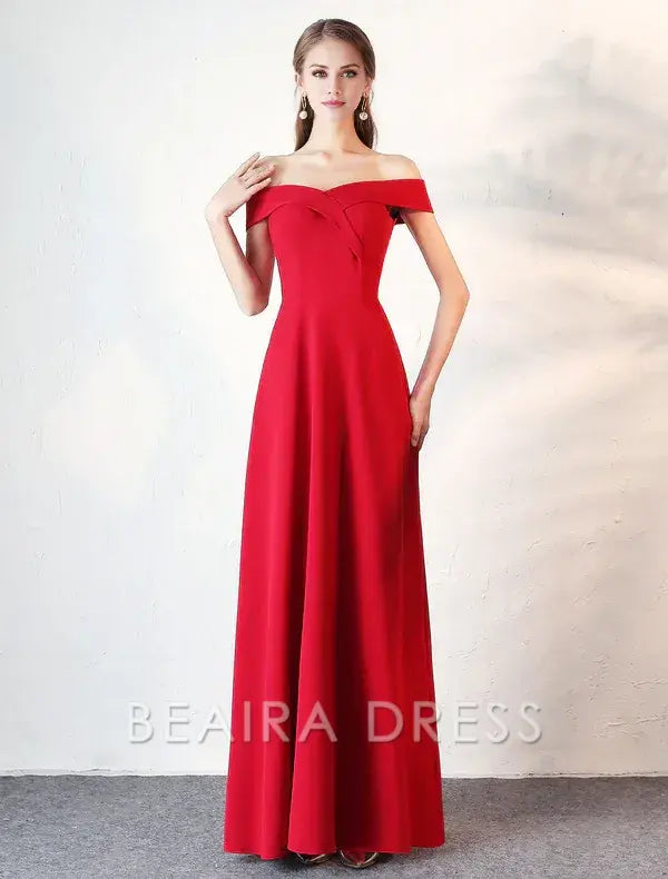 Beaira Stunning Evening Dresses Burgundy Off The Shoulder evening dress Satin Floor Length Formal Party Dress wedding guest dress