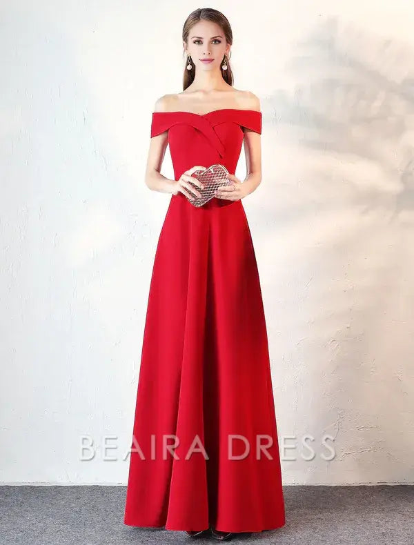 Beaira Stunning Evening Dresses Burgundy Off The Shoulder evening dress Satin Floor Length Formal Party Dress wedding guest dress