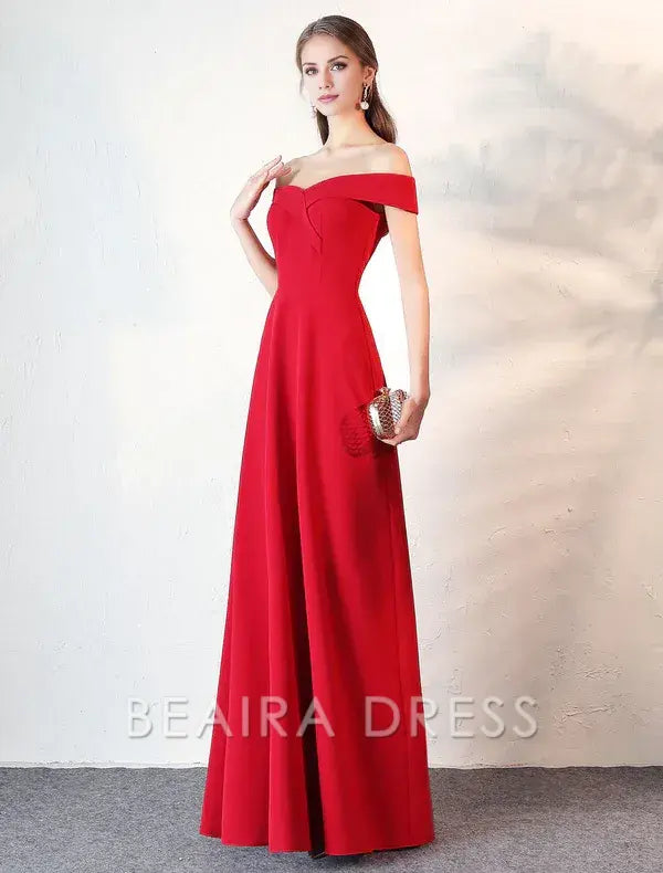 Beaira Stunning Evening Dresses Burgundy Off The Shoulder evening dress Satin Floor Length Formal Party Dress wedding guest dress