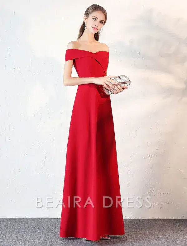 Beaira Stunning Evening Dresses Burgundy Off The Shoulder evening dress Satin Floor Length Formal Party Dress wedding guest dress