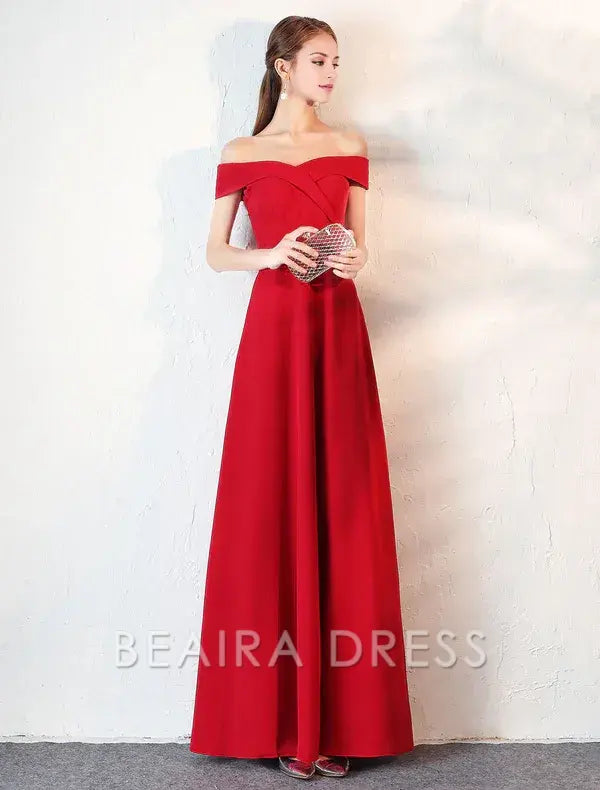 Beaira Stunning Evening Dresses Burgundy Off The Shoulder evening dress Satin Floor Length Formal Party Dress wedding guest dress