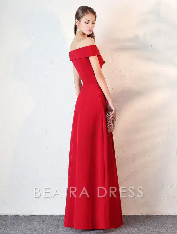 Beaira Stunning Evening Dresses Burgundy Off The Shoulder evening dress Satin Floor Length Formal Party Dress wedding guest dress