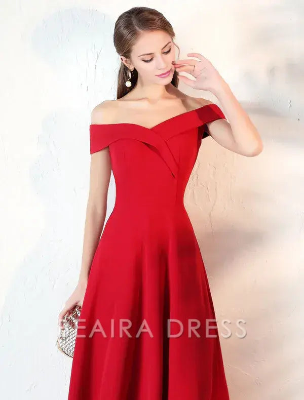 Beaira Stunning Evening Dresses Burgundy Off The Shoulder evening dress Satin Floor Length Formal Party Dress wedding guest dress