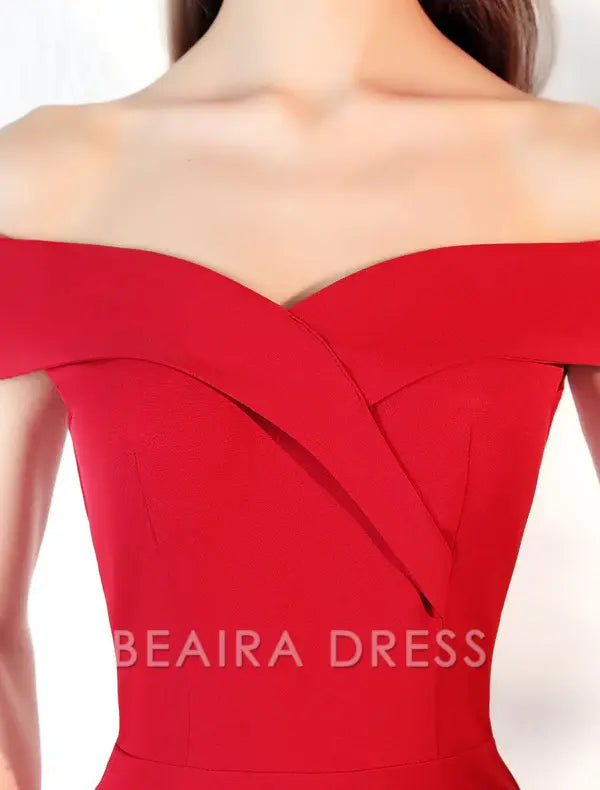 Beaira Stunning Evening Dresses Burgundy Off The Shoulder evening dress Satin Floor Length Formal Party Dress wedding guest dress