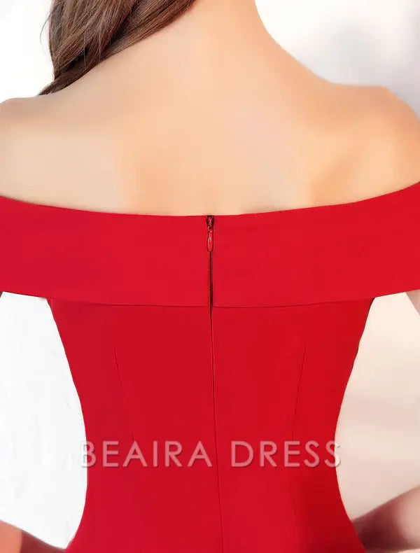 Beaira Stunning Evening Dresses Burgundy Off The Shoulder evening dress Satin Floor Length Formal Party Dress wedding guest dress