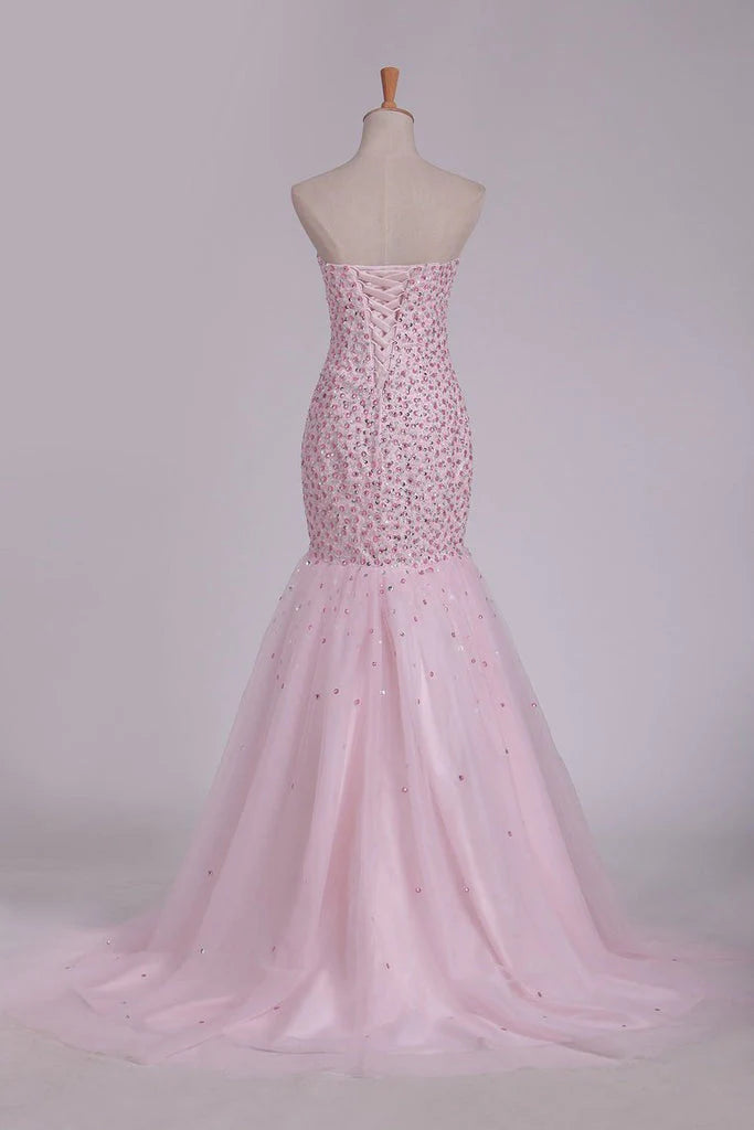 Sweetheart Party Dresses Beaded Bodice Mermaid Sweep Train Tulle