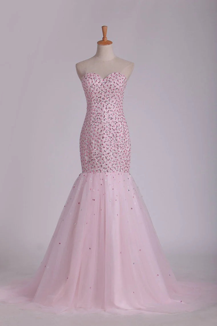 Sweetheart Party Dresses Beaded Bodice Mermaid Sweep Train Tulle