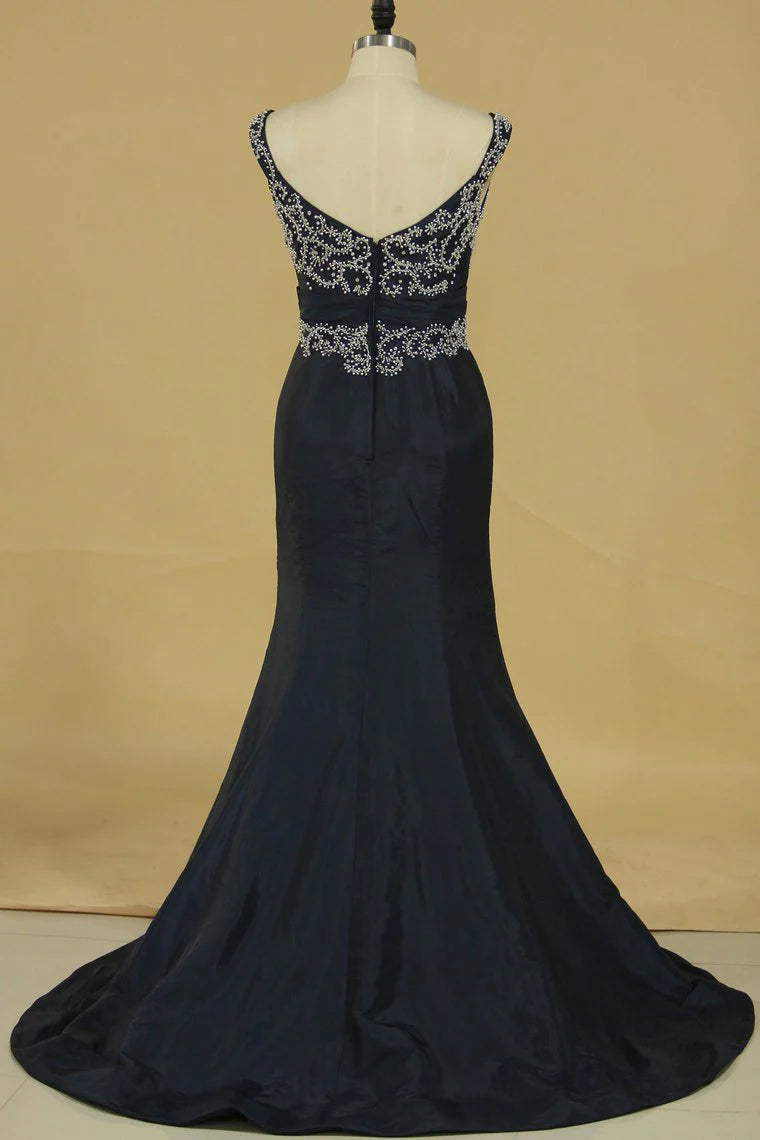 Taffeta Straps Mermaid Sweep Train Plus Size Party Dresses