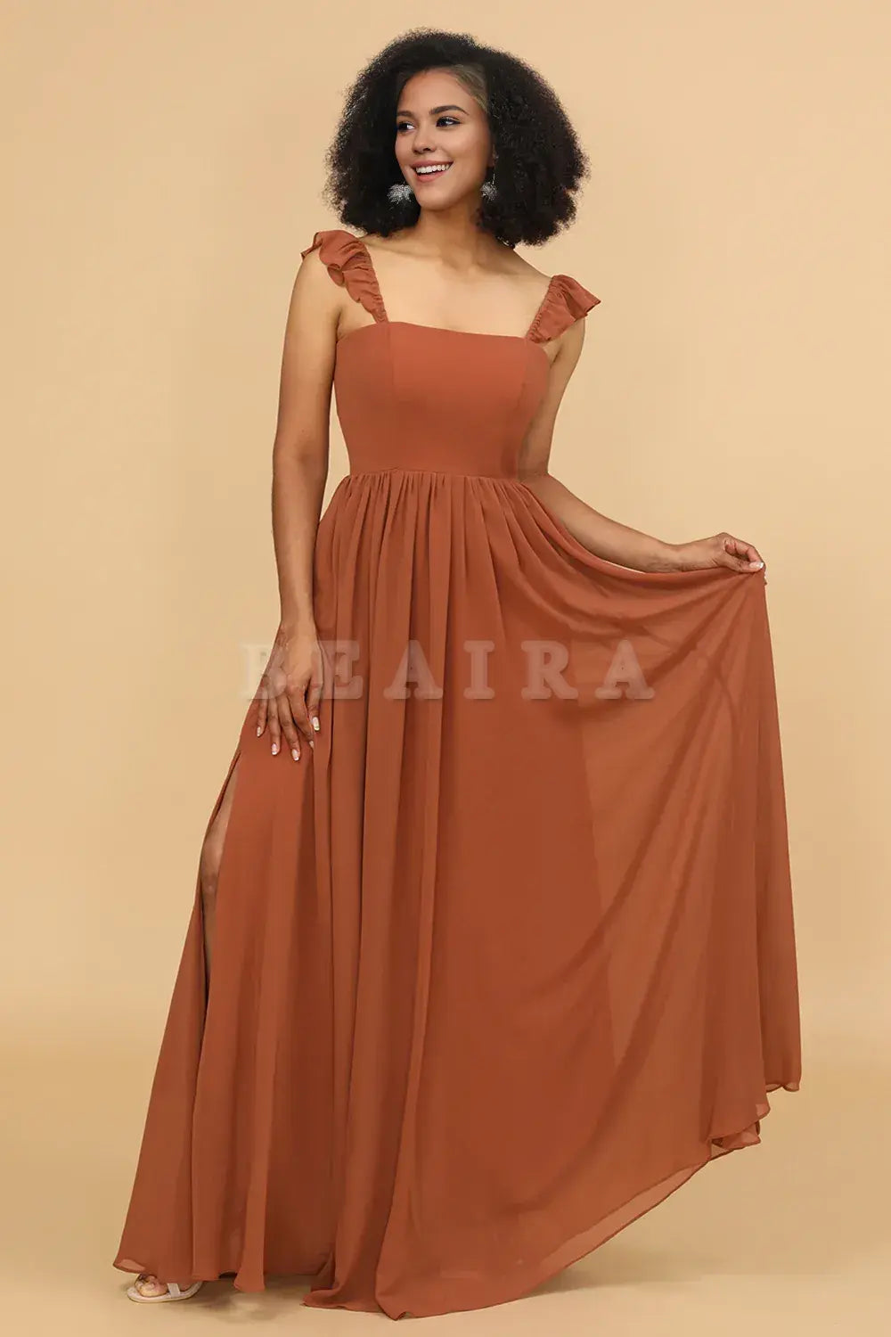 Beaira Terracotta A-Line Floor Length Chiffon Bridesmaid Dress With Ruffles Bridesmaid dress shop