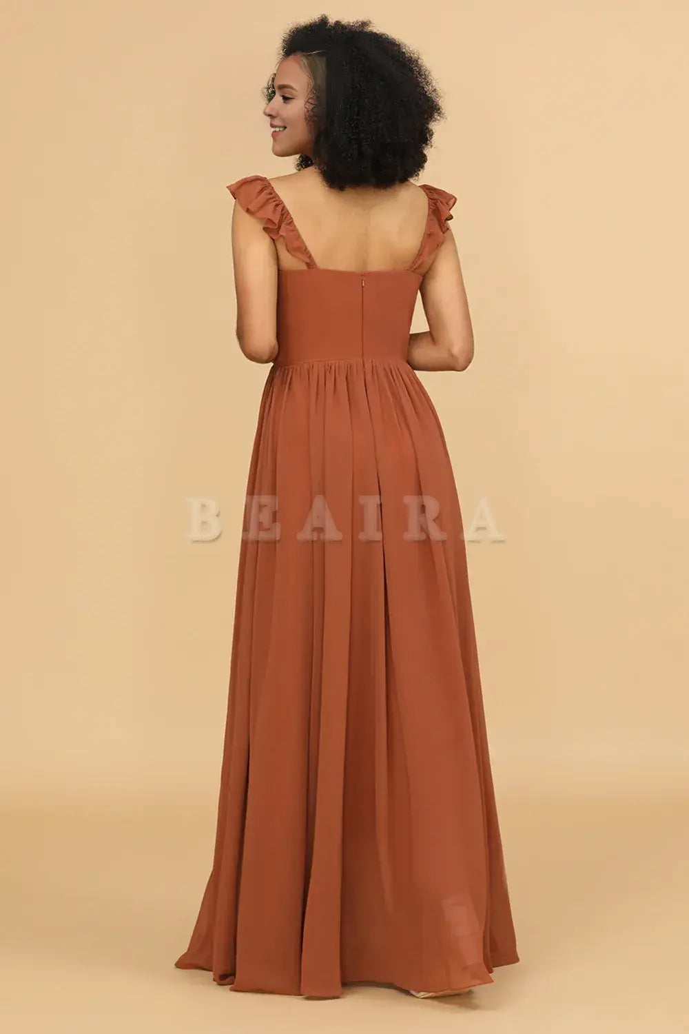 Beaira Terracotta A-Line Floor Length Chiffon Bridesmaid Dress With Ruffles Bridesmaid dress shop