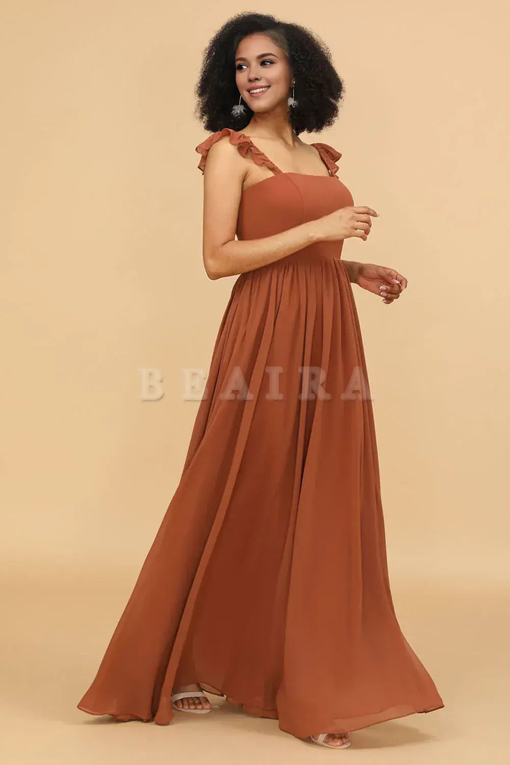 Beaira Terracotta A-Line Floor Length Chiffon Bridesmaid Dress With Ruffles Bridesmaid dress shop
