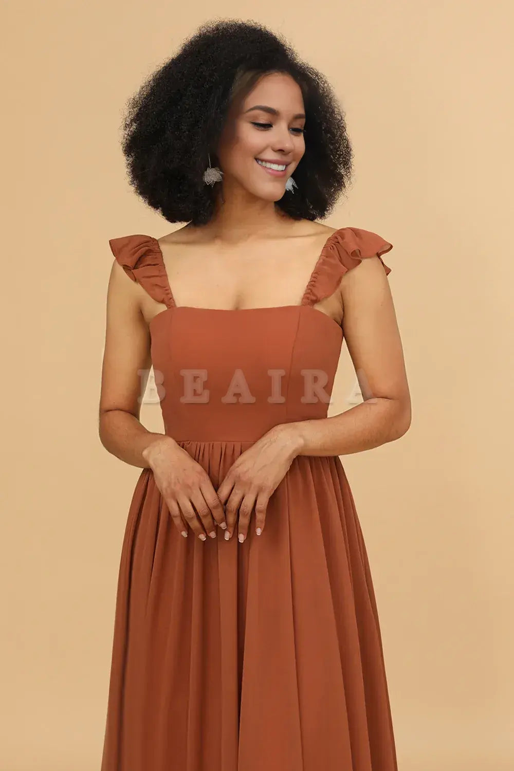 Beaira Terracotta A-Line Floor Length Chiffon Bridesmaid Dress With Ruffles Bridesmaid dress shop