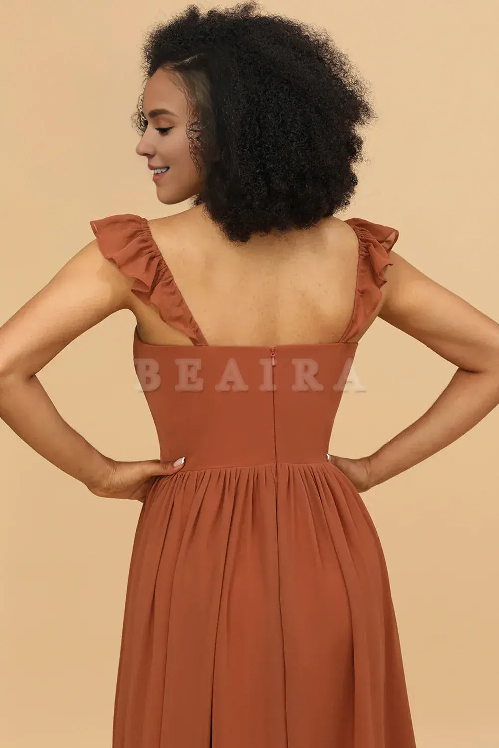 Beaira Terracotta A-Line Floor Length Chiffon Bridesmaid Dress With Ruffles Bridesmaid dress shop