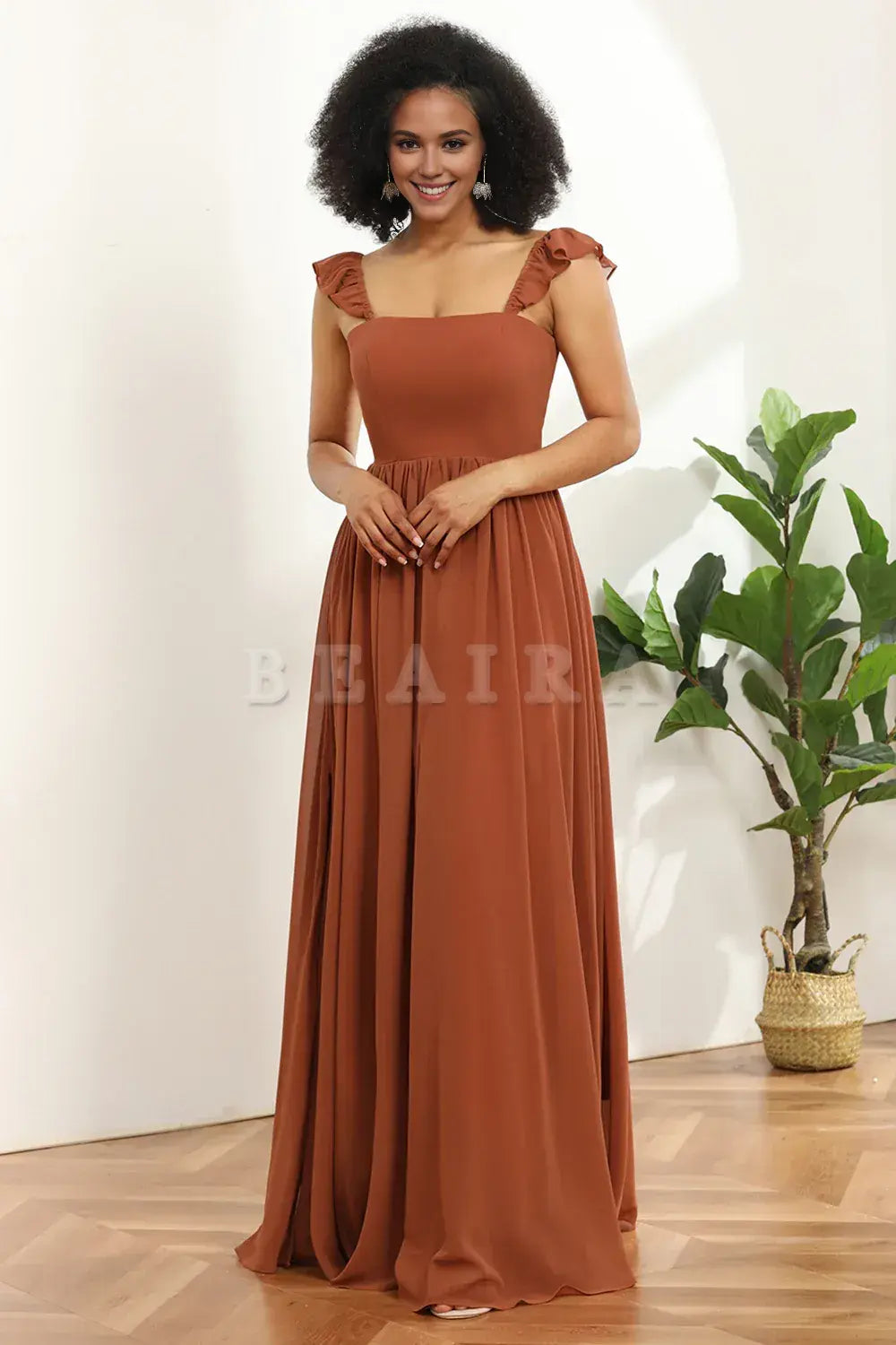 Beaira Terracotta A-Line Floor Length Chiffon Bridesmaid Dress With Ruffles Bridesmaid dress shop