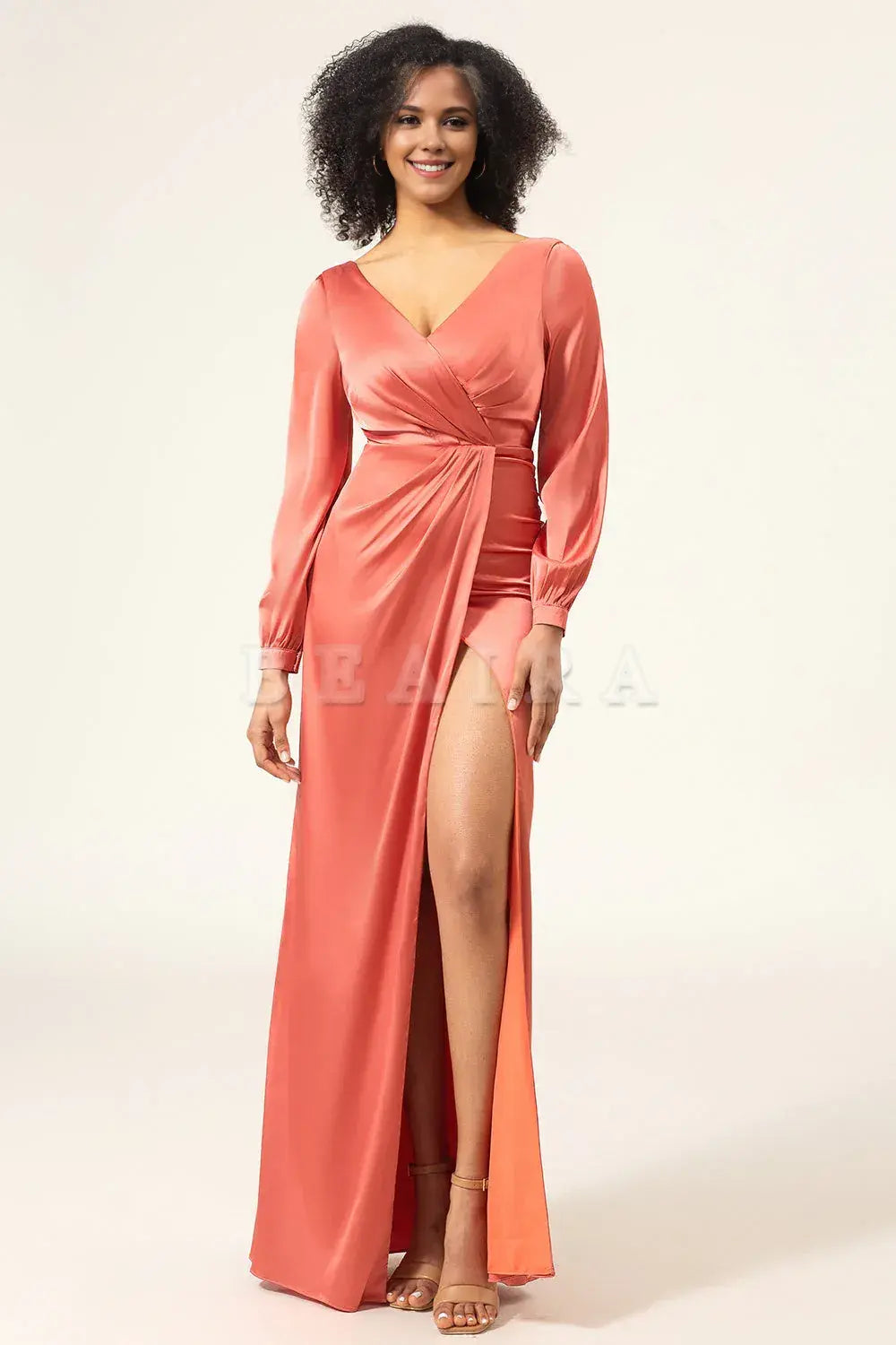Beaira Terracotta A-Line V-Neck Satin Bridesmaid Dress With Slit Bridesmaid dress shop