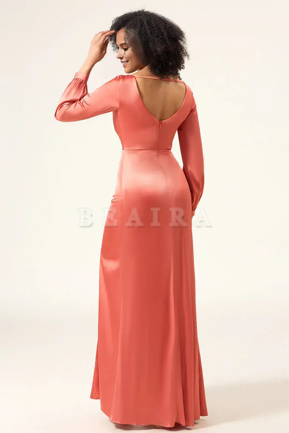 Beaira Terracotta A-Line V-Neck Satin Bridesmaid Dress With Slit Bridesmaid dress shop