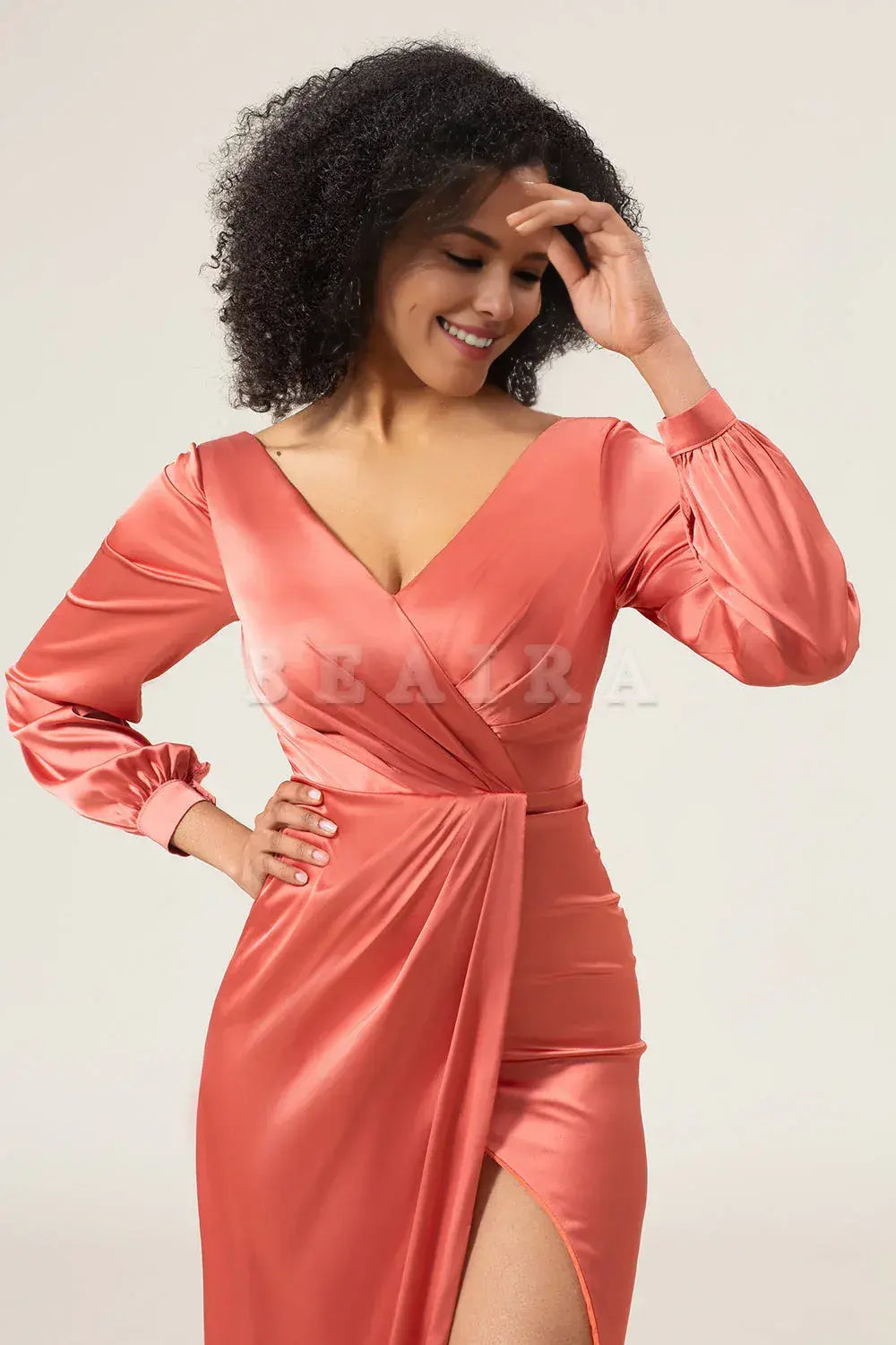 Beaira Terracotta A-Line V-Neck Satin Bridesmaid Dress With Slit Bridesmaid dress shop