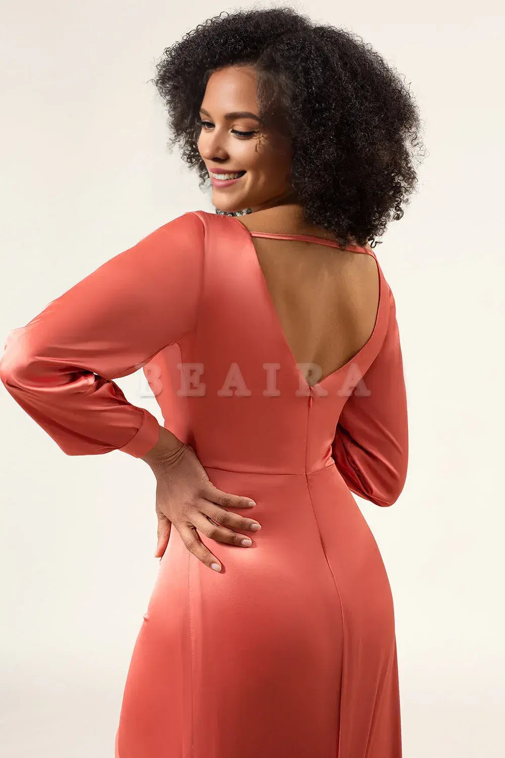 Beaira Terracotta A-Line V-Neck Satin Bridesmaid Dress With Slit Bridesmaid dress shop