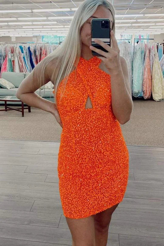 Top Sale Short/Mini Sequins Halter Backless Sheath Short Homecoming Dress