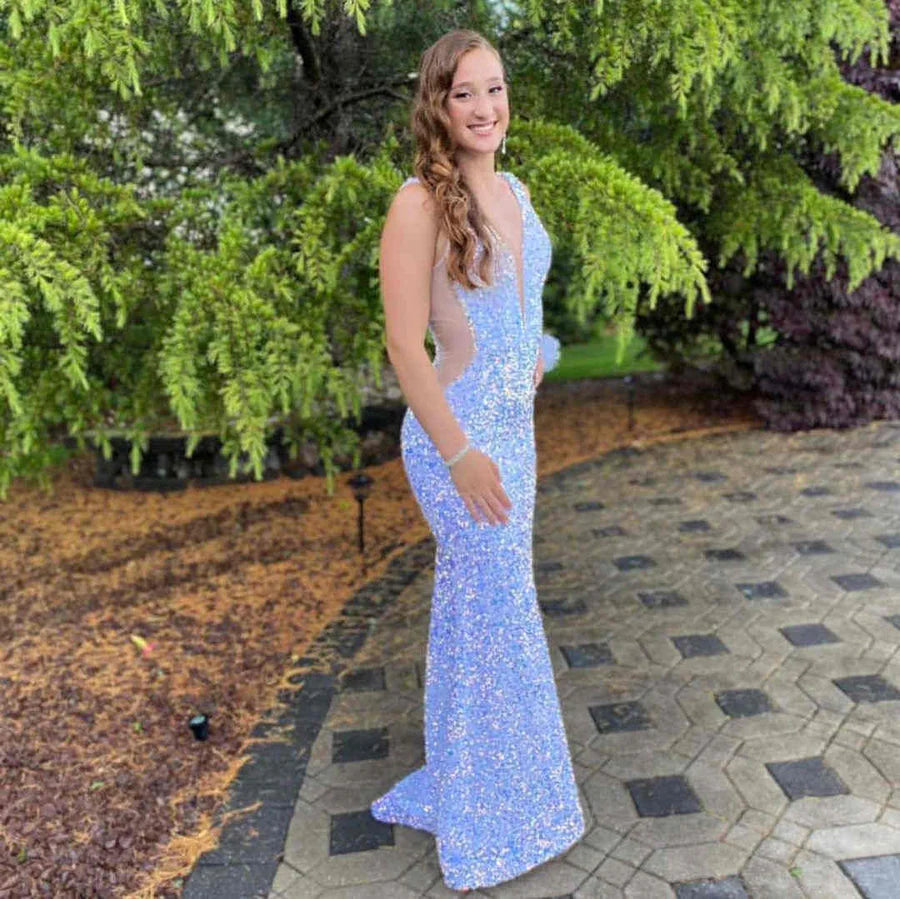 V-Neck Sleeveless Floor-Length Sequins Prom Dresses