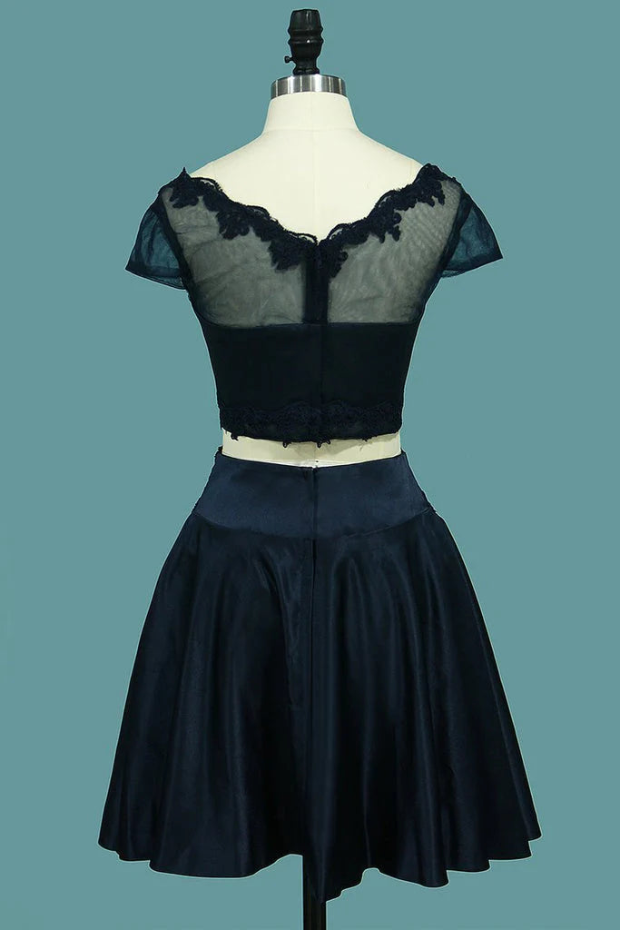 Two-Piece V Neck Cocktail Dresses Satin With Applique A Line