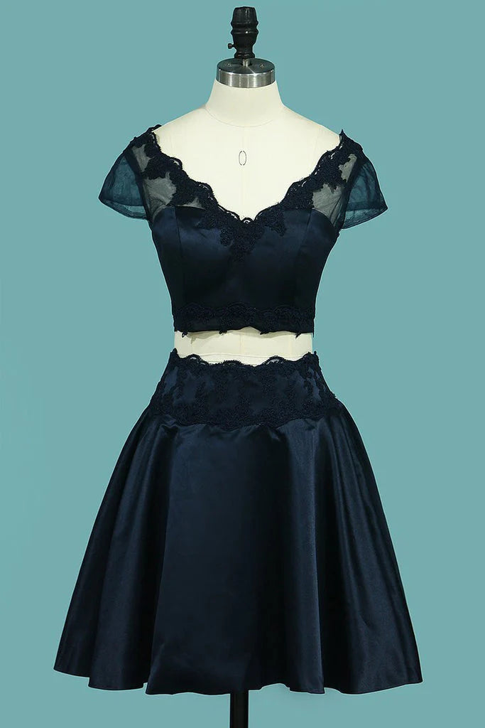 Two-Piece V Neck Cocktail Dresses Satin With Applique A Line