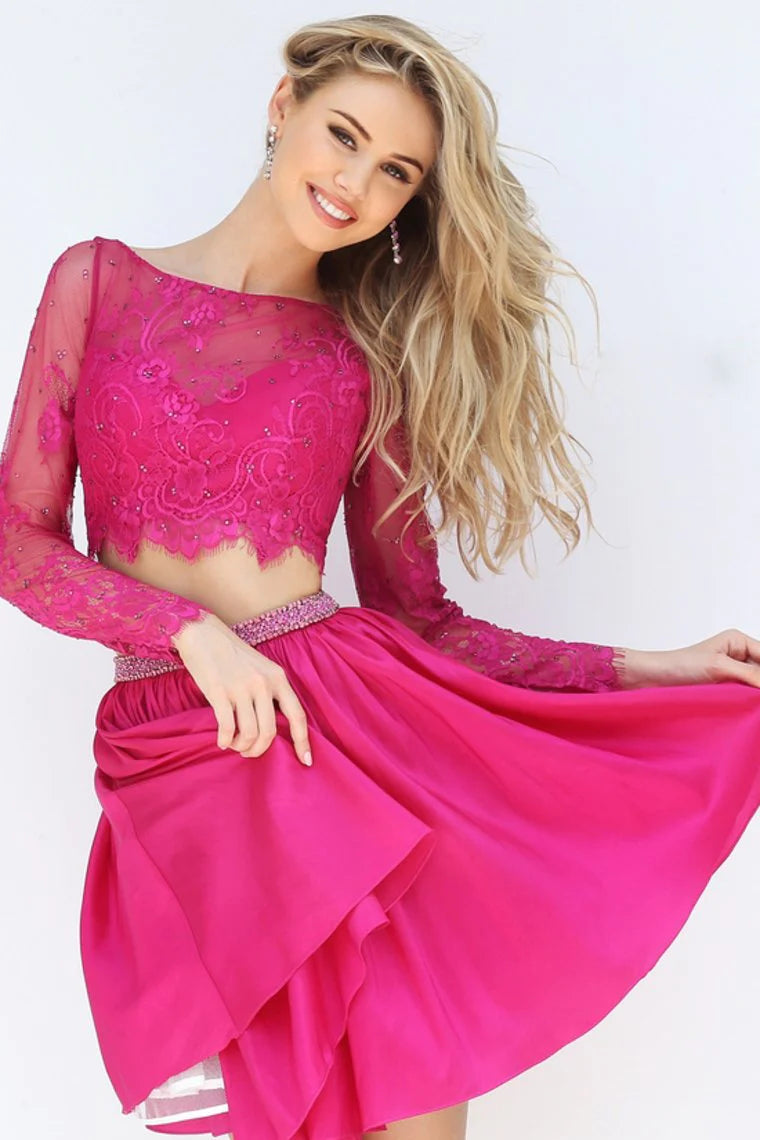 Two Pieces Homecoming Dresses Satin & Lace Long Sleeve Short/Mini