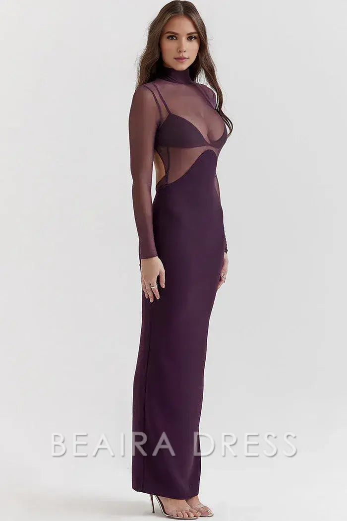 Beaira Unique Sexy Mock Neck Long Sleeve Sheer Mesh Panel Bodycon Maxi Dress - Fuchsia