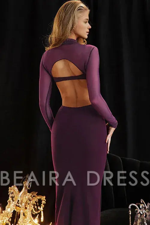Beaira Unique Sexy Mock Neck Long Sleeve Sheer Mesh Panel Bodycon Maxi Dress - Fuchsia