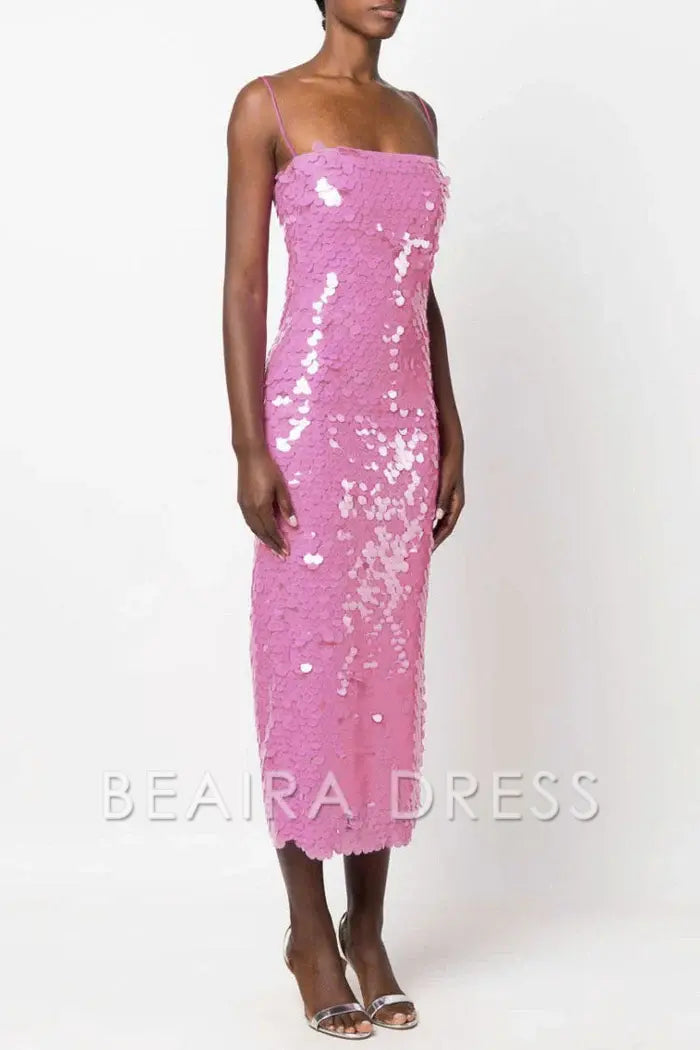 Beaira Unique Sparkly Mermaid Sequin Spaghetti Strap Split Evening Maxi Dress - Pink