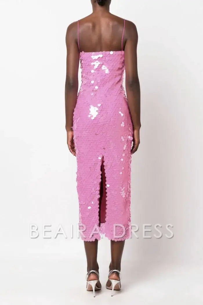 Beaira Unique Sparkly Mermaid Sequin Spaghetti Strap Split Evening Maxi Dress - Pink