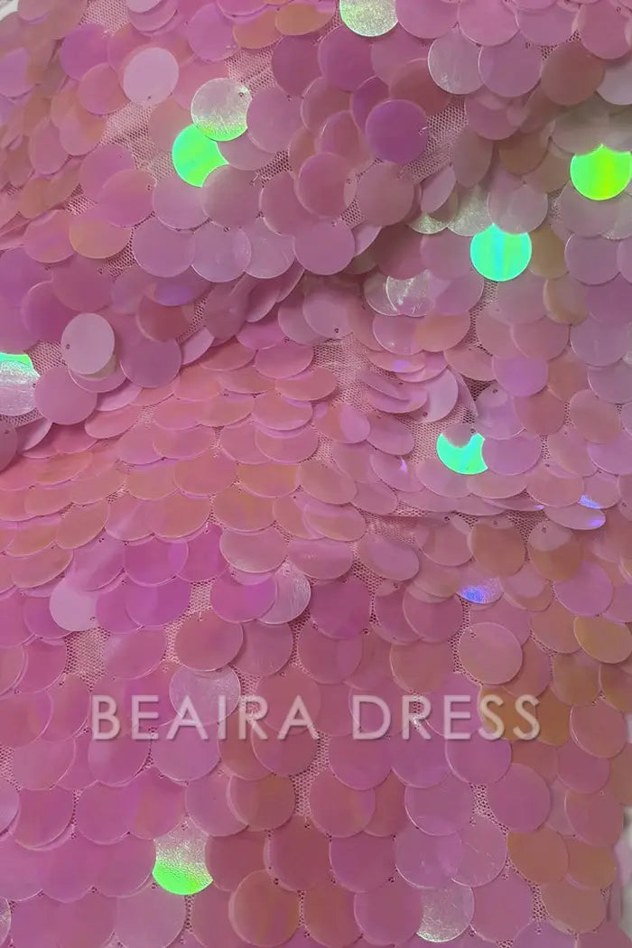 Beaira Unique Sparkly Mermaid Sequin Spaghetti Strap Split Evening Maxi Dress - Pink
