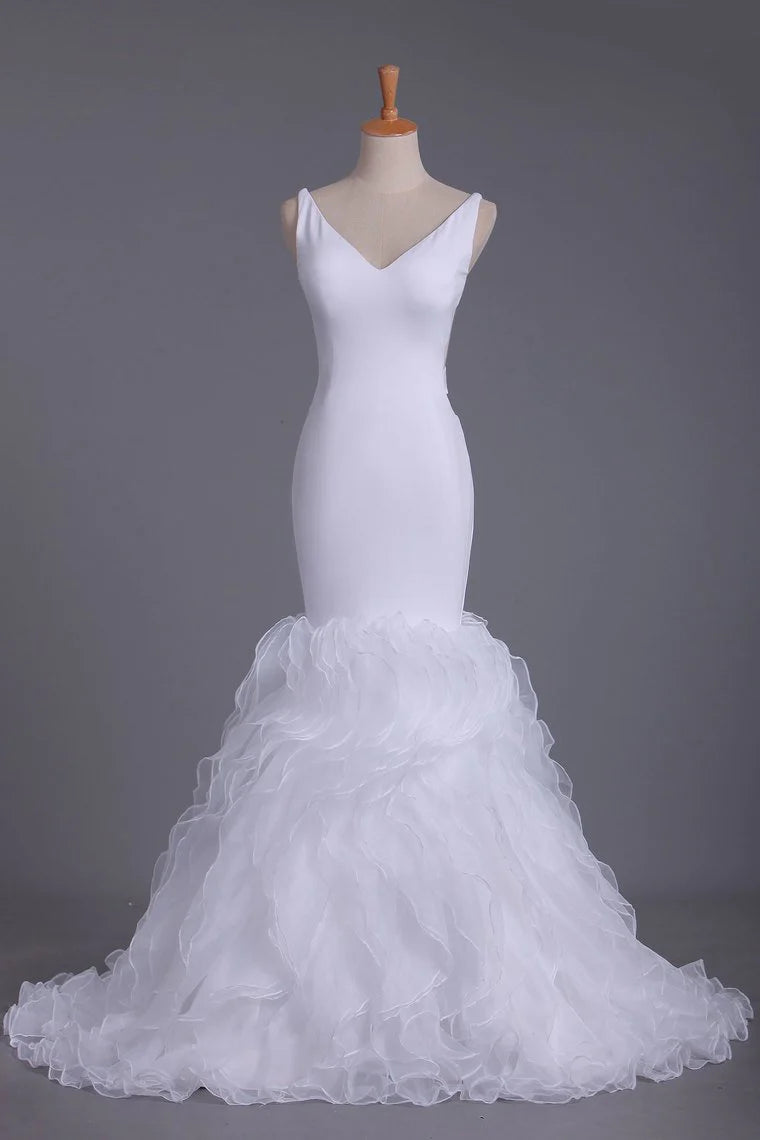 V Neck Mermaid Party Dresses Spandex & Organza Sweep Train