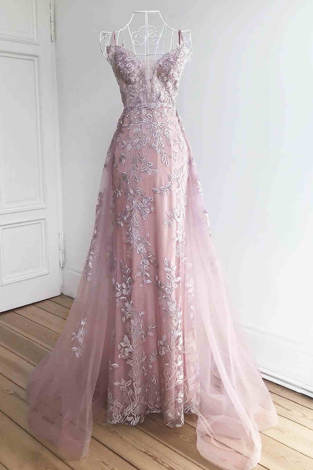 V Neck Prom Dresses Mermaid Lace & Tulle Sweep Train With Applique Backless