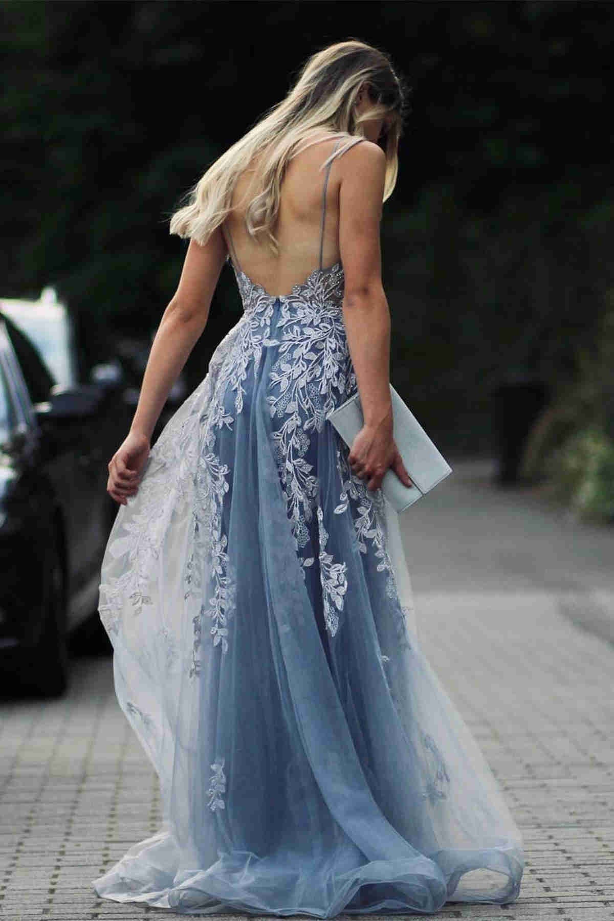 V Neck Prom Dresses Mermaid Lace & Tulle Sweep Train With Applique Backless