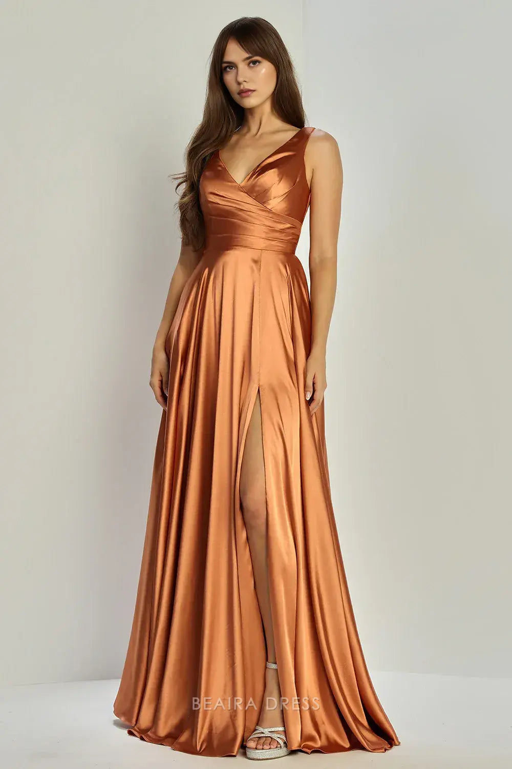 Simple V - Neck Satin Maxi Dress with High Slit and Lace - Up Back prom dress (Multiple Colors)